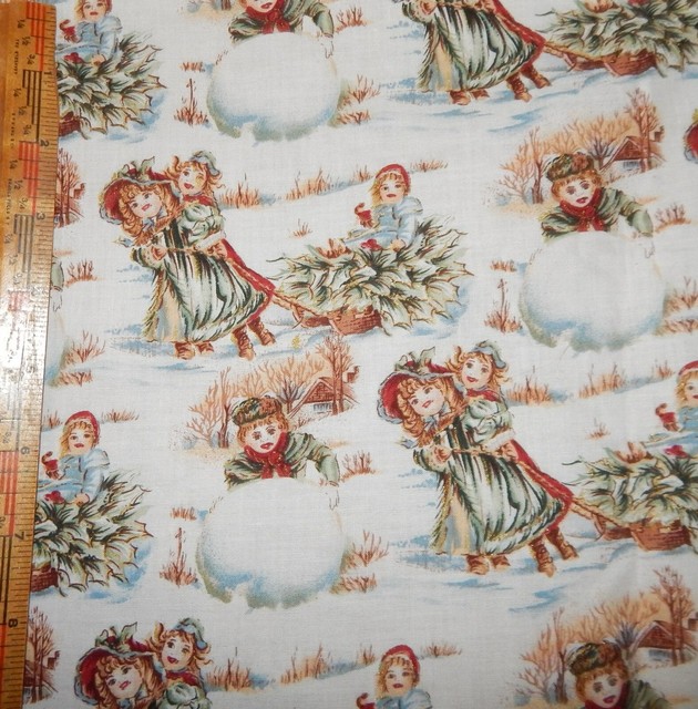 cotton quilt fabric Victorian girls Christmas snow BTY Sheryl Roy