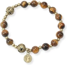 Tiger Eye Stone Beads Rosary Bracelet  Catholic St. Benedict Medal Wrist Jewelry