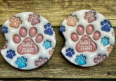 Set of 2 Custom Neoprene Car Coasters 3D Cat Mom Paw Prints Crazy Cat Lady RTS