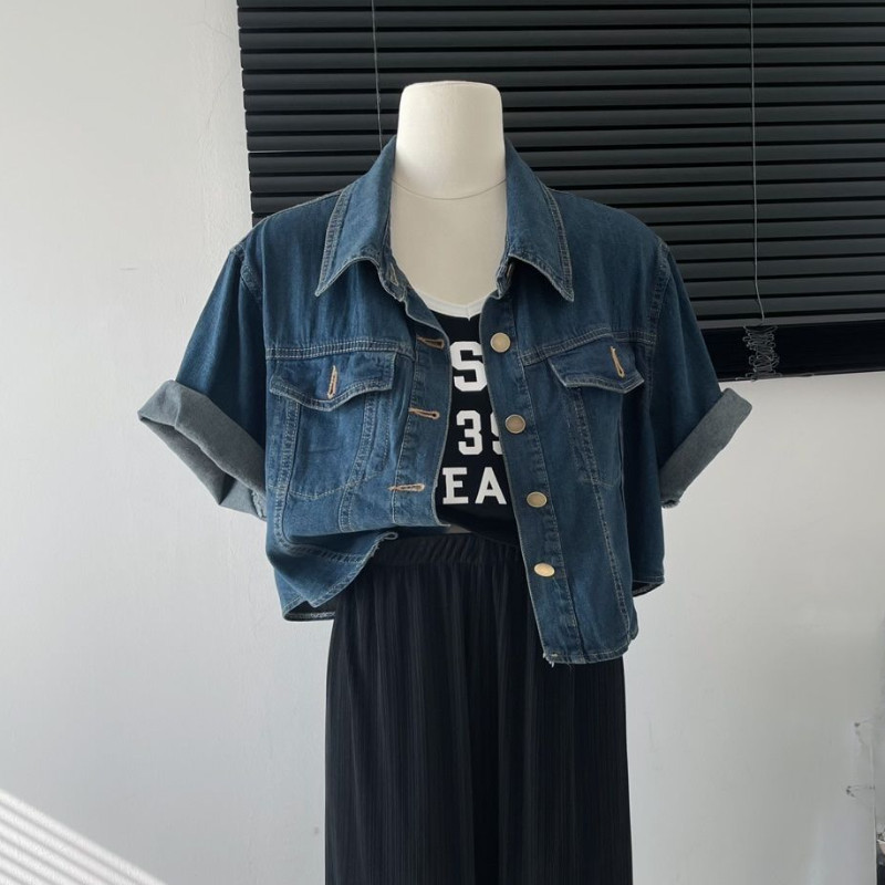 Women's Short Sleeve Denim Jacket Button-Down Crop Top Coat-image
