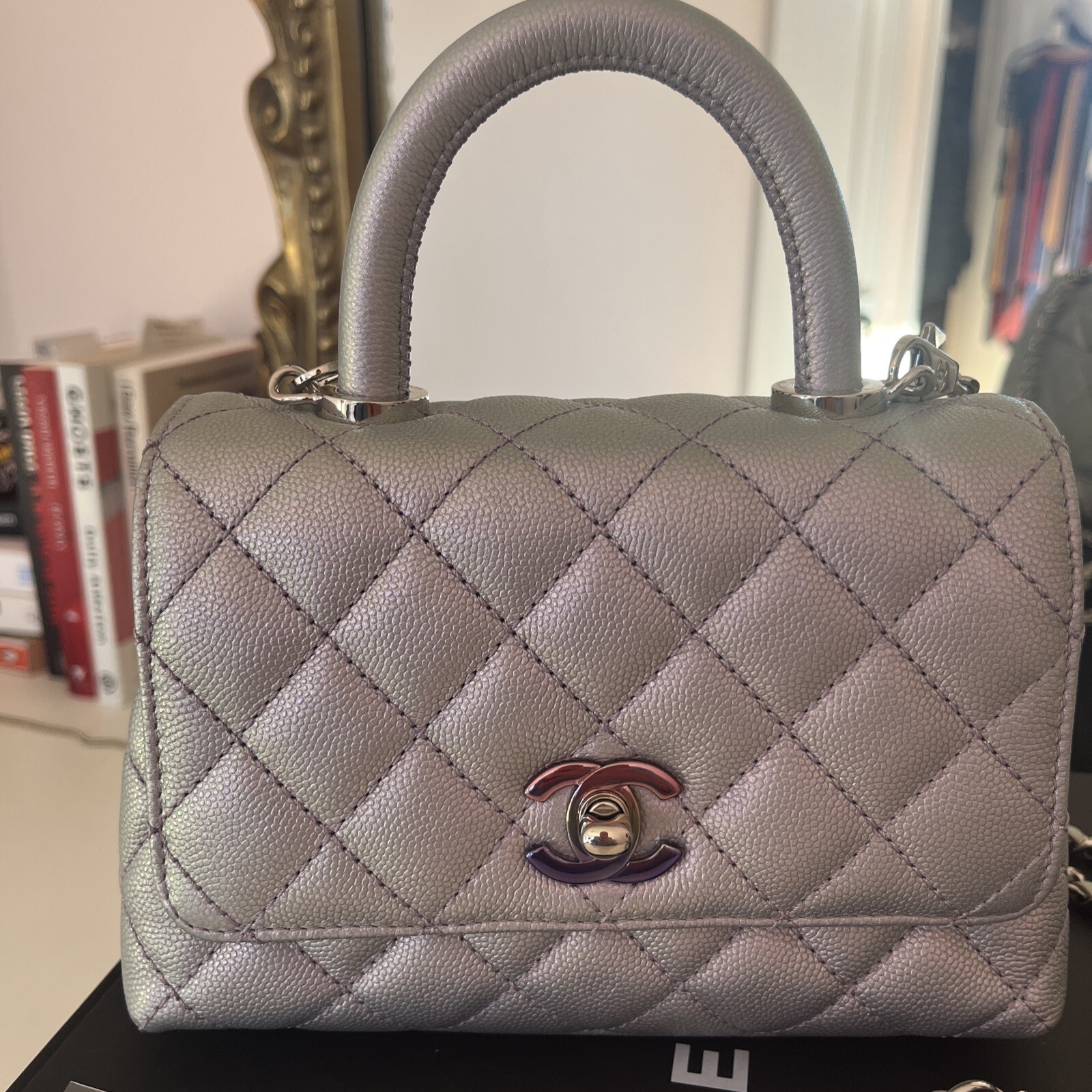 Iridescent Caviar Quilted Extra Mini Coco Handle Flap Purple NEW - Tags & Box image 10