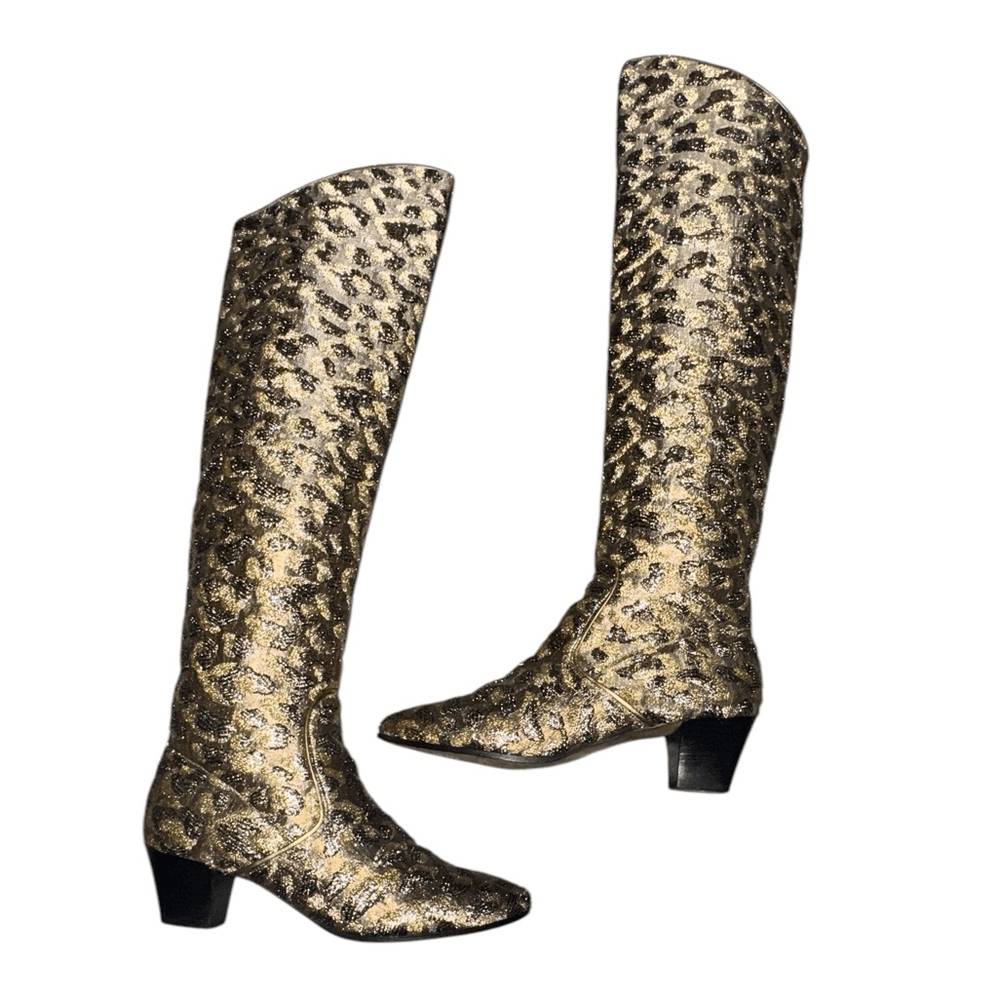 Stivali alti VINTAGE YVES SAINT LAURENT 1989 stampa animalier seta metallizzata taglia 8 5