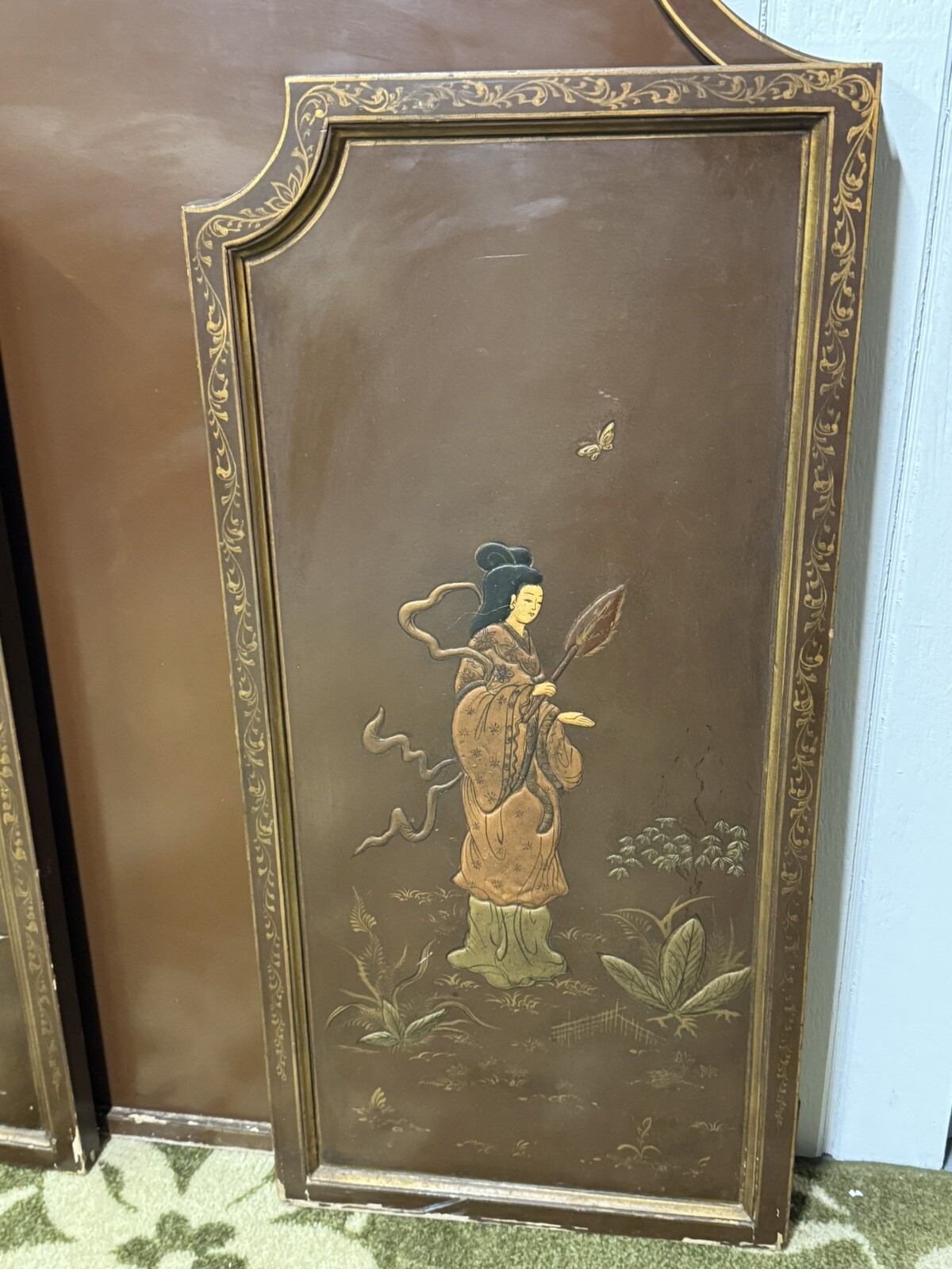 Vintage Chinese 3 Panel Screen Wall Art Inlaid Deities Village Scene Gold Accent