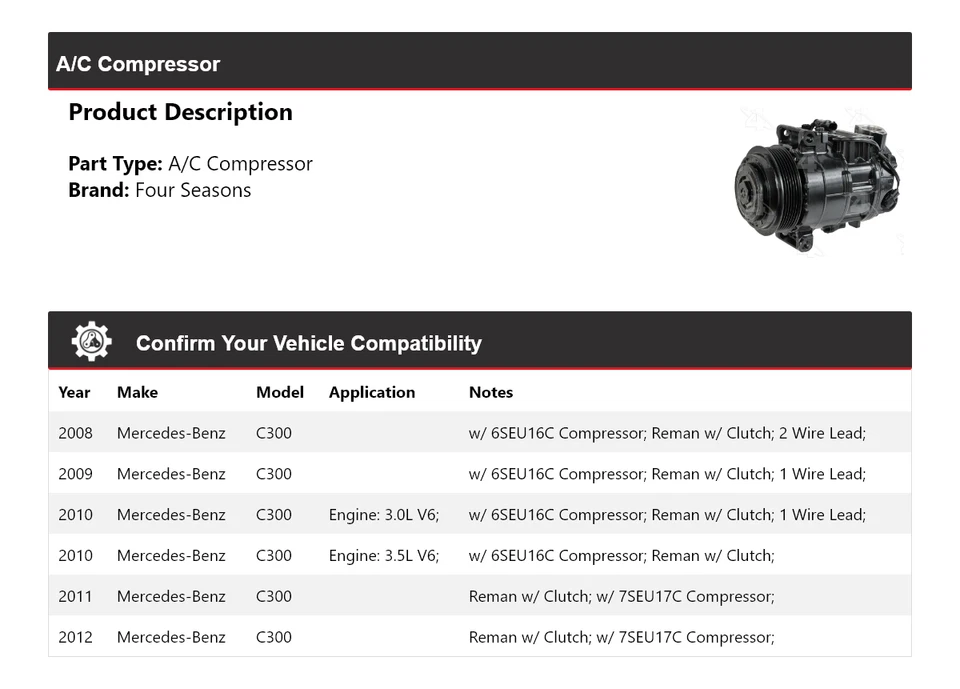 适用于 2008 - 2012 梅赛德斯-奔驰 C300 空调压缩机 2009 年 4 季 2010 2011 — 第 2/4 张图片