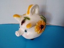 Mexican Vintage Retro Folk Art Pottery Piggy Bank Hand Painted SunFlowers 9”
