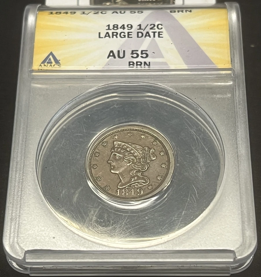 1849 LARGE DATE BRAIDED HAIR HALF CENT ANACS AU55 BROWN ACTUAL COIN #H364 - Image 3 of 4
