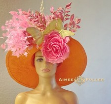 Kentucky Derby Hat Orange Hot Pink Fuchsia Gold Butterfly Rose Del Mar Ascot