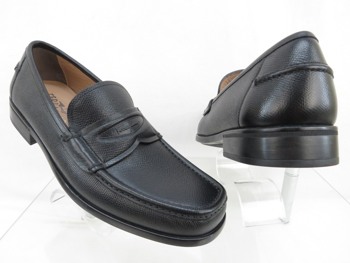 NIB FERRAGAMO LANZAROTE BLACK SAFFIANO PEBBLE LEATHER LOGO PENNY LOAFERS 11 D NIB FERRAGAMO LANZAROTE BLACK SAFFIANO PEBBLE LEATHER LOGO  main image 2