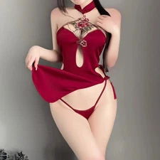 Sexy Chinese Wedding Cheongsam Hollow Lingerie Night Dress Retro Cosplay Costume