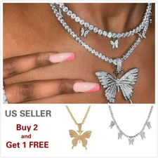 Butterfly Pendant Necklace Gold Silver Rhinestone Crystal Chain Women Choker