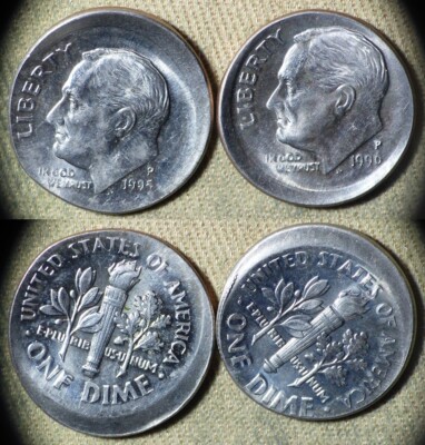Errors : Lot 2 Coins 1995P+1996P Dime BS, Off Center Full Date IREC3219