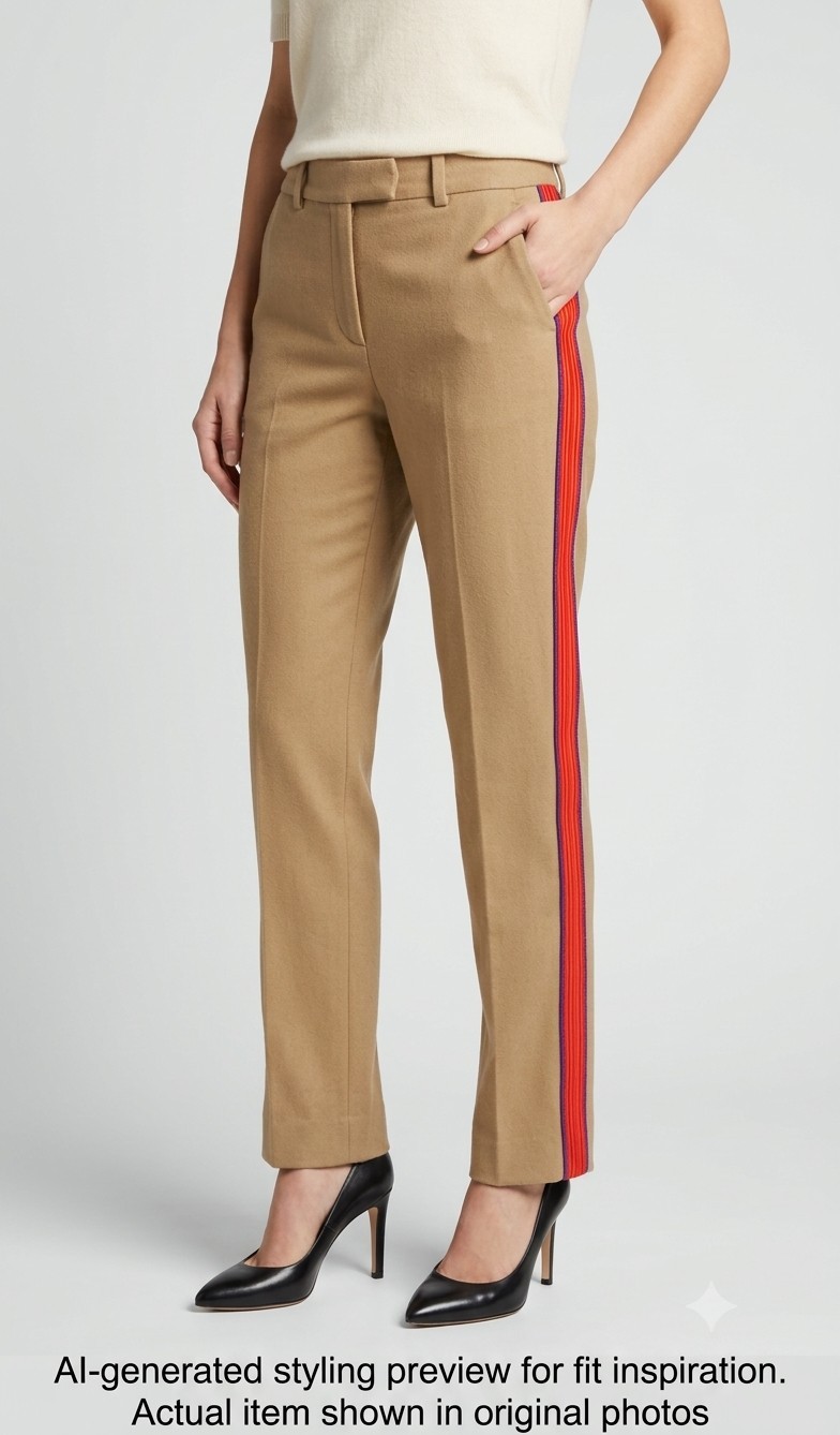PINKO Ermanno Flannel Wool Pants Camel Red Side Stripe IT46 US10 Straight