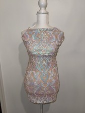 Windsor Sequin Shimmer mesh Paisley Bodycon Mini Dress Beige Open Back Lace Up S