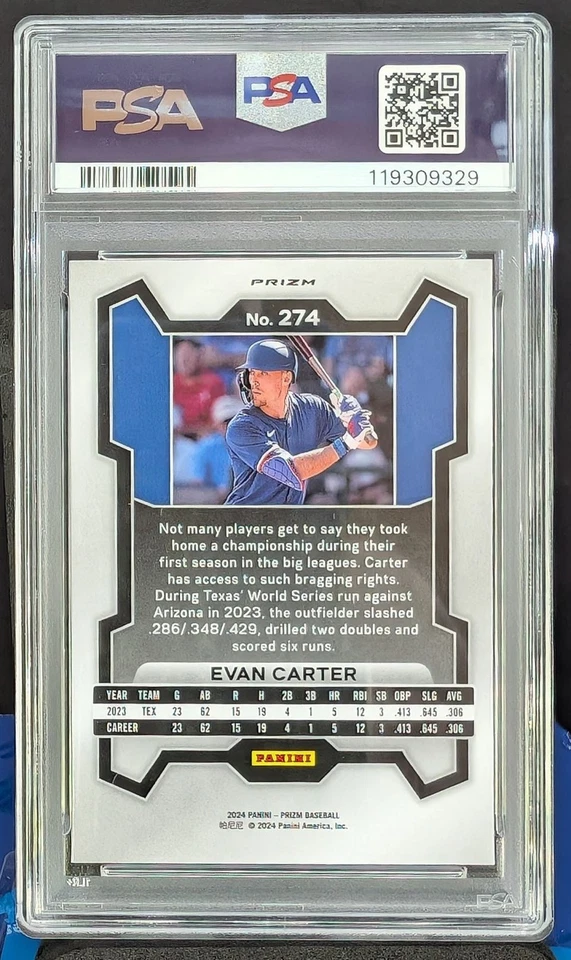Evan Carter PSA 10 2024 Panini Prizm RC Silver Prizm #274 Texas Rangers - Image 2 of 2