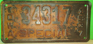 VINTAGE US STATE OF 1937 IOWA SPECIAL license plate TAG 5 X 10 INCHES