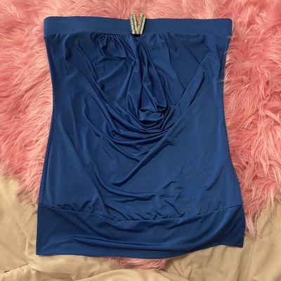 Y2K 2008 Body Central Blue Strapless Stretch Rhinestone Bodycon Tunic Top L