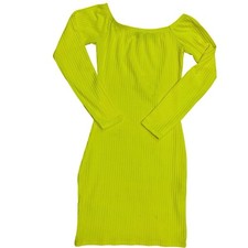 💛 Bright Neon Yellow Ribbed Off‑Shoulder Bodycon Dress 💛 Size 4