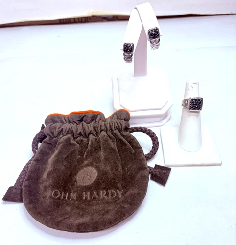 Vintage John Hardy 925 Sterling Silver Black Sapphire Earrings and Ring Set