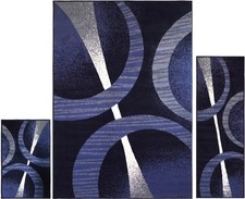 Modern Rings Geometric Black Blue 3 Pcs Area Rug Contemporary Runner Mat Set