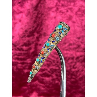 Antique Brooch Chinese Finger Nail Guard Plated Sterling Silver Turquoise Coral