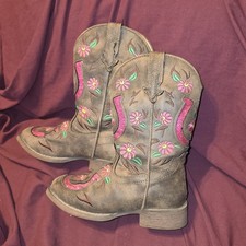 Roper Kids Girls Size 2 Brown Faux Leather Glitter Horse Shoe Cowboy Boots