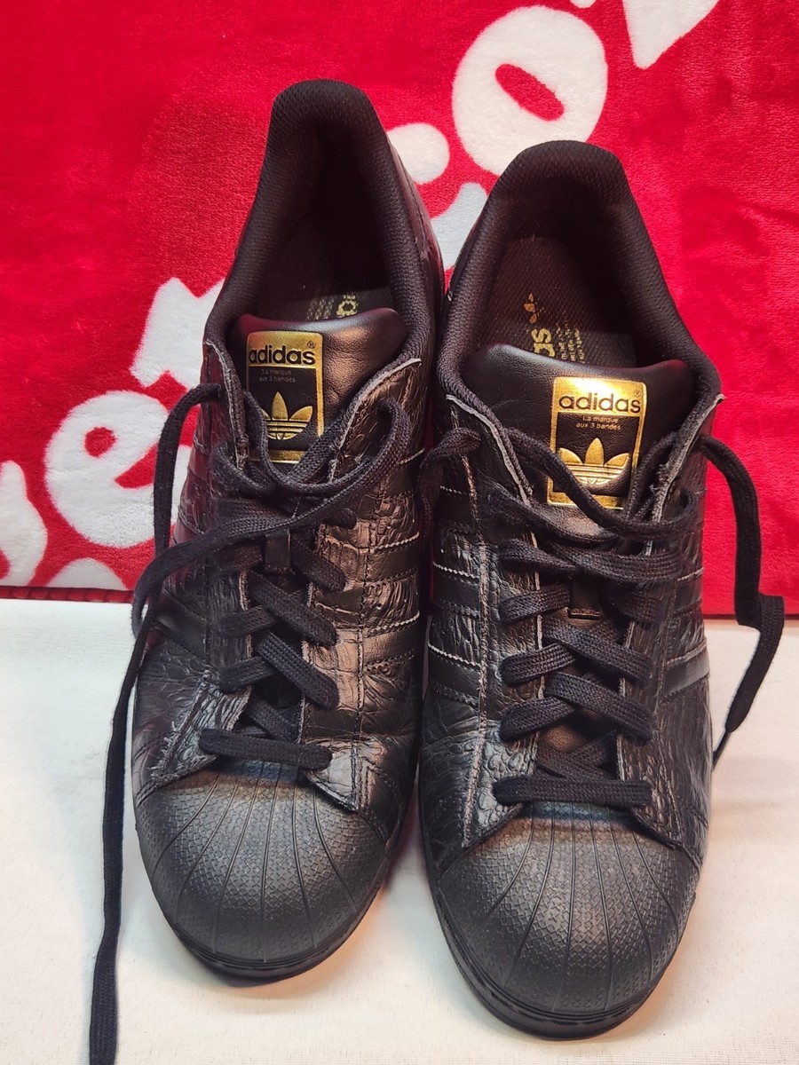 Adidas Superstar Black Gold Mens Size 13 Croc Textured Leather