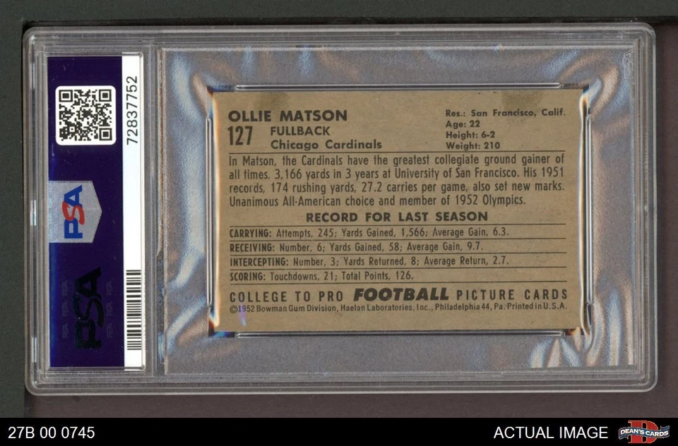 1952 年 Bowman 小号 #127 Ollie Matson 红雀队-FB 名人堂 RC 旧金山 PSA 3 - 状况极佳 — 第 2/2 张图片