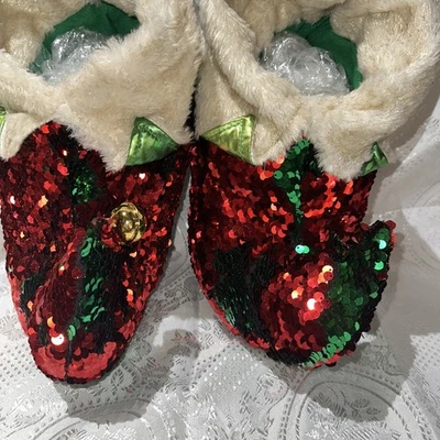 Christmas Elf Slippers Shoes Mens Size L XL 9-11 Red Green Sequin Jingle Fuzzy - Image 1 of 4