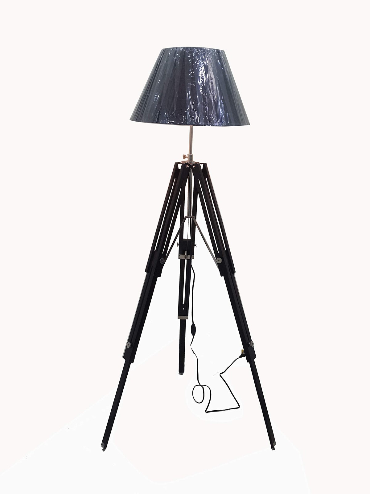 Classic Black Wood Tripod Floor Lamp with Three Fold Design for Living Room or Office Rustic Style