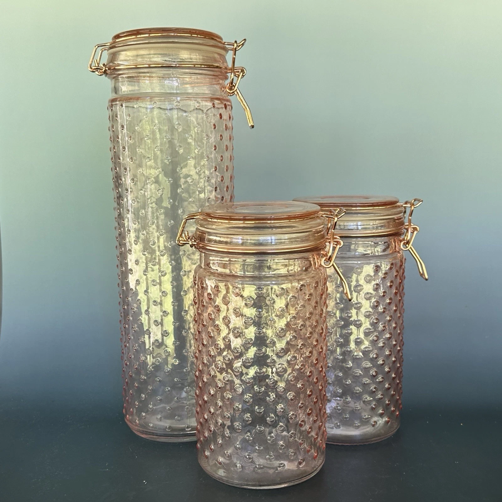 Pink Hobnail Glass Canister Set 3 Pc Rose Apothecary Farmhouse Pantry Jars