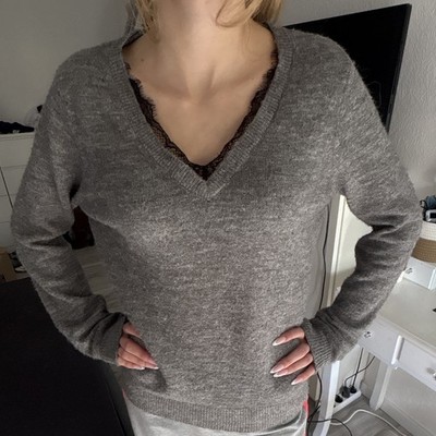 Vero Moda Damen Strickpullover XS Grau V-Ausschnitt Langarm Acryl Uni