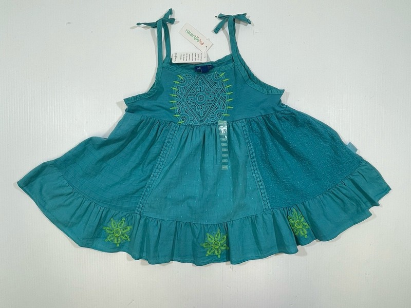 Naartjie Girls Youth Teal 100% Cotton Sleeveless Embroidered Tunic Top 8
