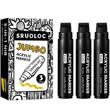 3 Jumbo Permanent Markers Black, 15mm Thick Wide Tip, Large Acrylic Paint Mar...