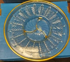 Vintage Jeannette Glass 14" Round Crystal Relish Dish Serving tray, Feather Gold