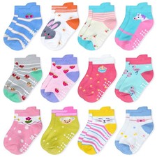 12 Pairs Toddlers Kids Non Slip Socks with Grips for 1-7 Years Old Crew