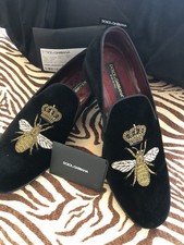 Dolce & Gabbana Men Black Suede Slip-On Loafers Bee Crown Embroidered 11