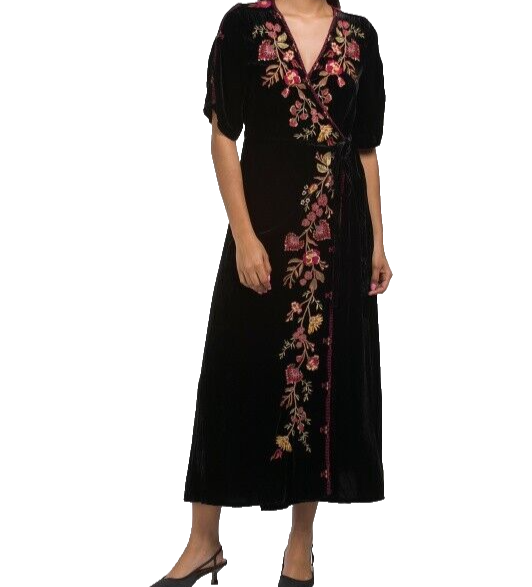Johnny Was Lilith Velvet Silk-Blend Wrap Dress - Black - XSmall