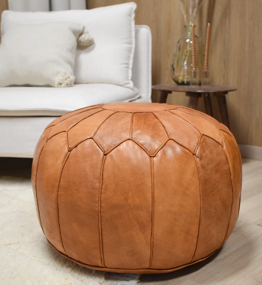Scandinavian Leather Pouffe XL Cognac  - Delivered Stuffed, Ottoman, Footstool - Image 2 of 2