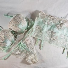 Victoria's Secret Seduction Mint Green White Set Bombshell Bra V-string Garter