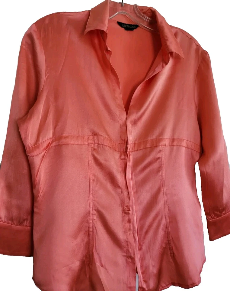 Blusa Roberto Cavalli Mujer Mediana Rosa Coral Seda Oculta Gancho N Ojo Top Foto 4 de 4