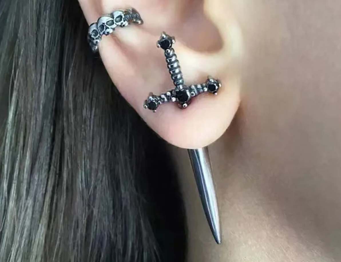 Punk Rock Emo Goth Silver Spike Dagger Sword Earrings - 2