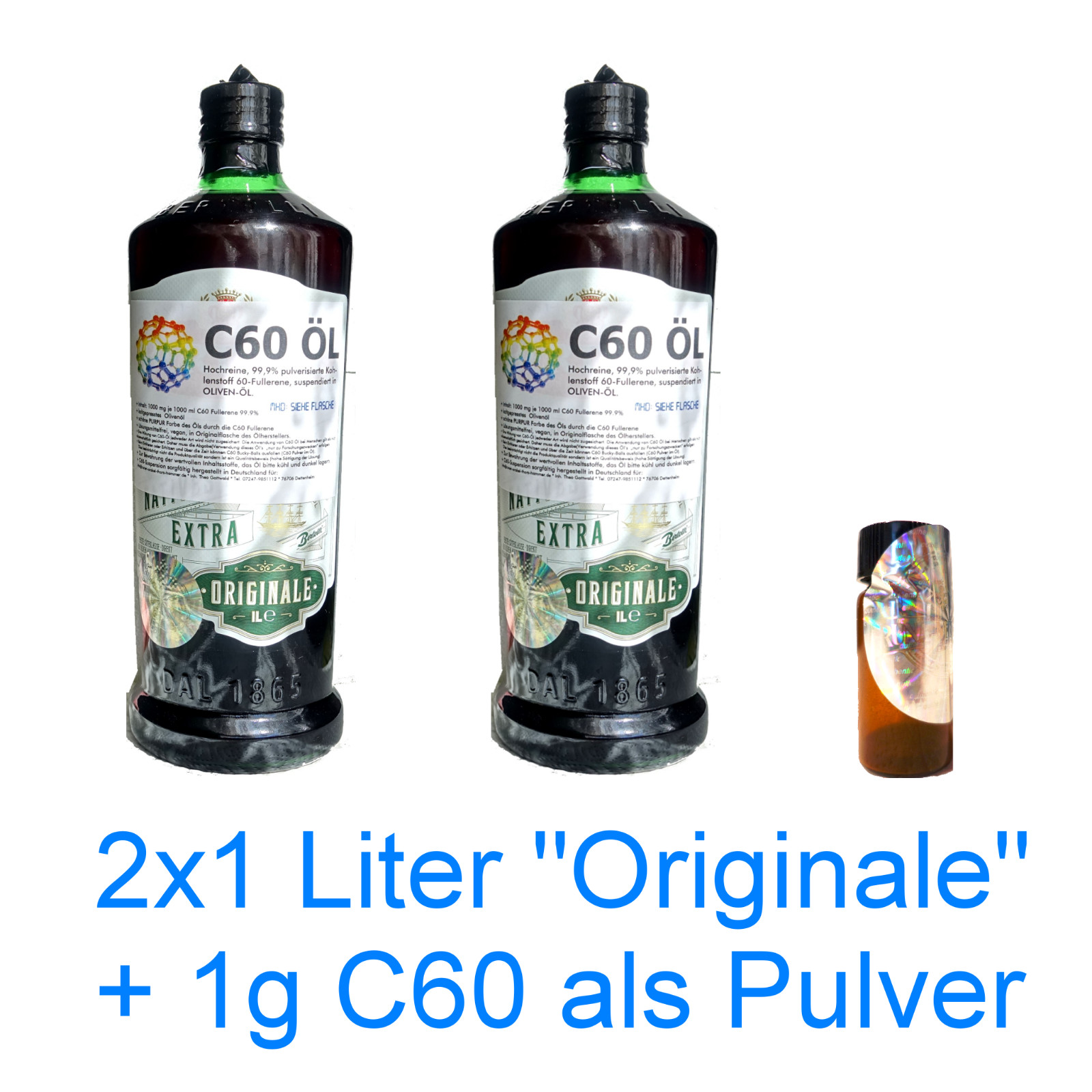 2 Liter C60 Öl - Olivenöl "Originale" mit 1000 mg C60 in Originalflasche + 1g