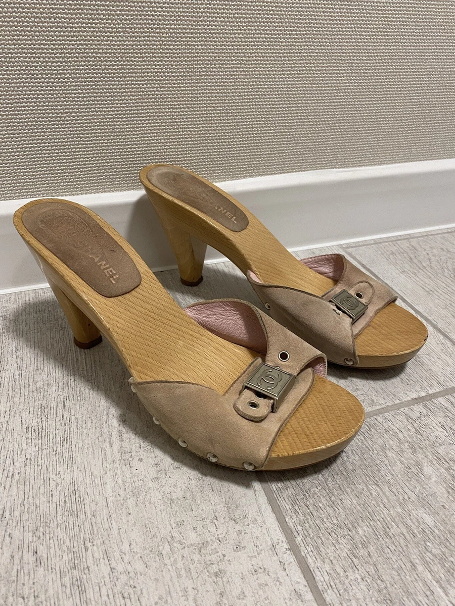 Chanel Vintage Wooden Mules Heels Pink Suede Size 39