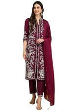 Women's Silk Blend Floral Embroidered A-Line Kurta Pant With Dupatta