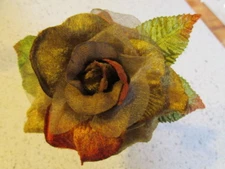 Millinery Flower Rose Gold Green Orange Velvet Organza 4 1/2” w/velvet leaf G94