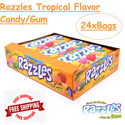 Razzles Tropical Flavor Candy - Gum, Box of 24 -1.4 oz Bags - On Sale Now !