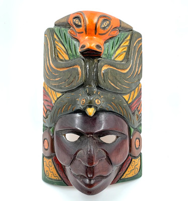 Vintage Aztec / Mayan Hand Carved Painted Wood Mask Mexico - Home Decor Wall Art