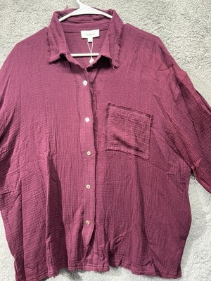 Bohme Mauve Rayon Button Down Collared Fringe Shirt Size S maroon