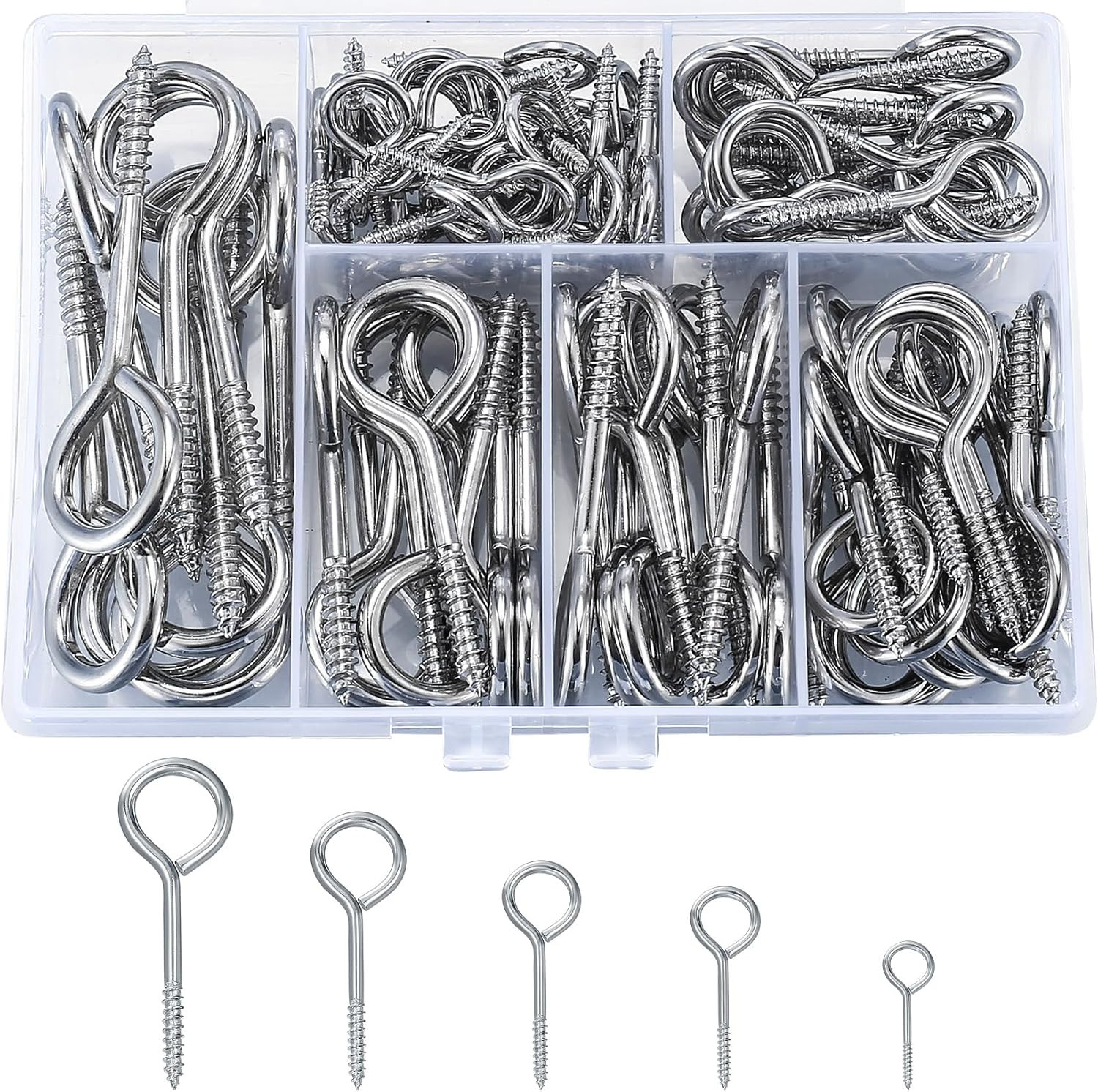 105pcs Screw in Eye Hooks Carbon Steel Assorted Sizes for Wood Crafts Hangers