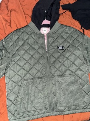 VANS Womens Green Quilted Hooded Bomber Jacket XL Full Zip Logo Patch